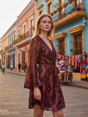 Embroidered Burgundy Sequined Wrap Mini Dress with Tie Waist